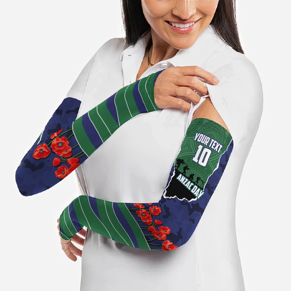 Personalized New Zealand Warriors ANZAC Tribute Arm Sleeves Poppy Field Soldier Silhouette Aboriginal Rugby Mascot