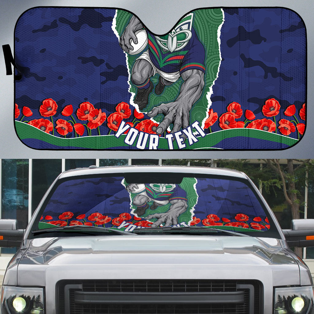 Personalized New Zealand Warriors ANZAC Tribute Auto Sun Shade Poppy Field Soldier Silhouette Aboriginal Rugby Mascot