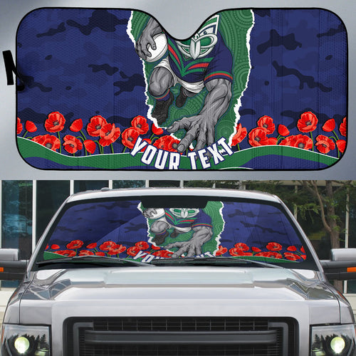 Personalized New Zealand Warriors ANZAC Tribute Auto Sun Shade Poppy Field Soldier Silhouette Aboriginal Rugby Mascot