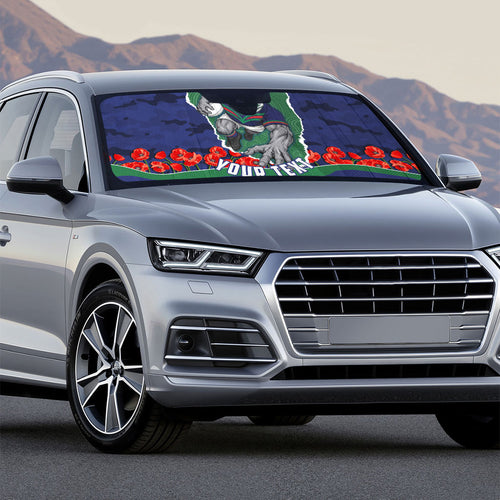 Personalized New Zealand Warriors ANZAC Tribute Auto Sun Shade Poppy Field Soldier Silhouette Aboriginal Rugby Mascot