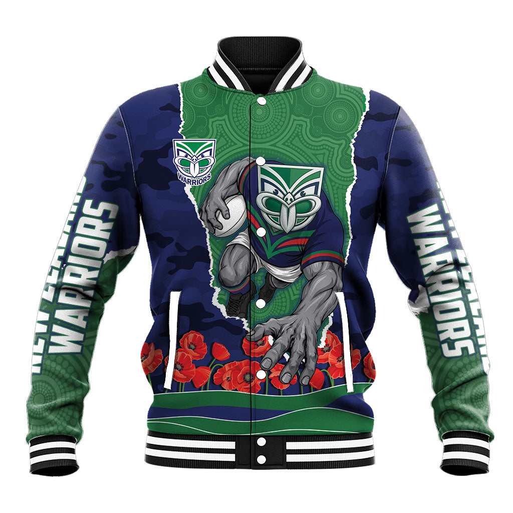Personalized New Zealand Warriors ANZAC Tribute Baseball Jacket Poppy Field Soldier Silhouette Aboriginal Rugby Mascot