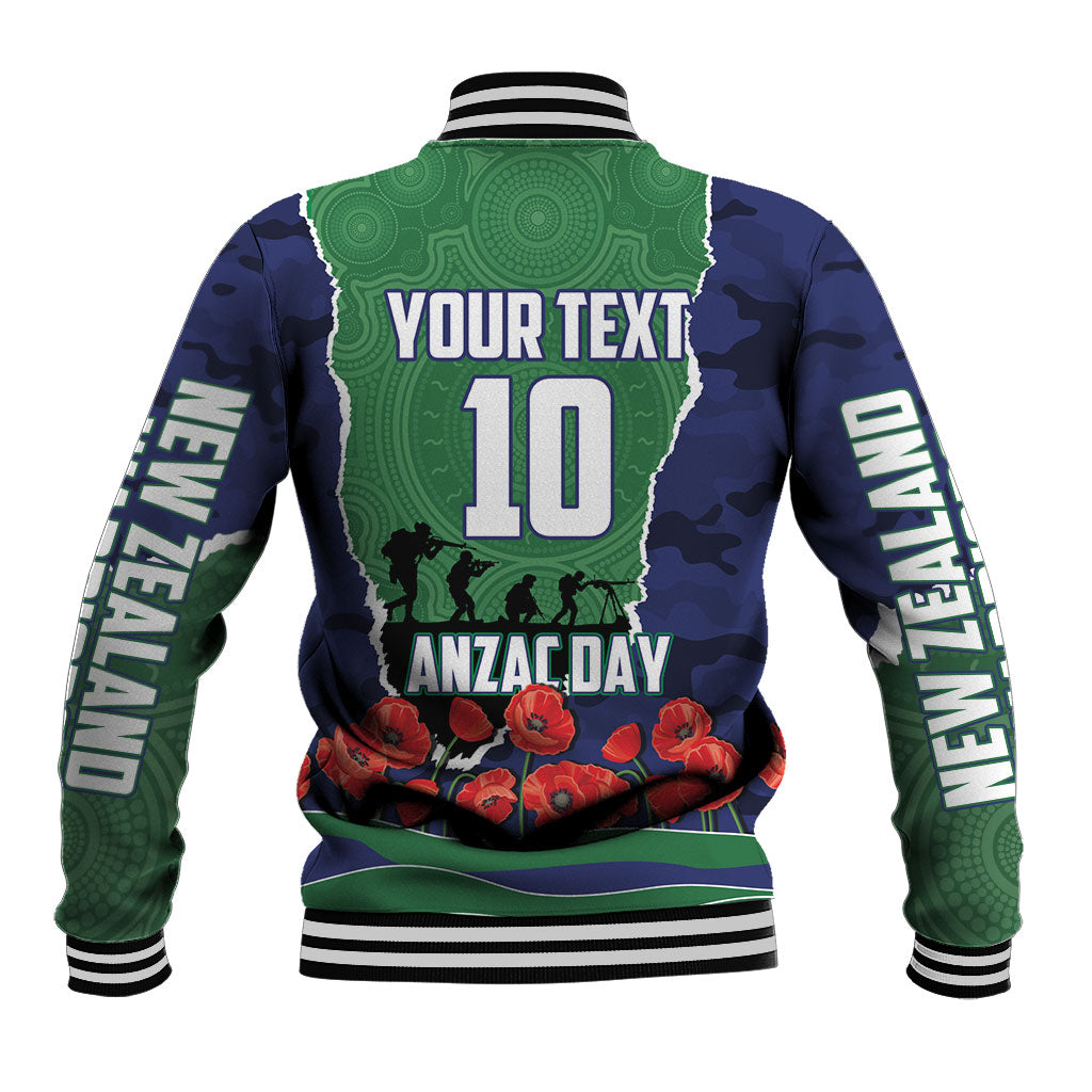 Personalized New Zealand Warriors ANZAC Tribute Baseball Jacket Poppy Field Soldier Silhouette Aboriginal Rugby Mascot