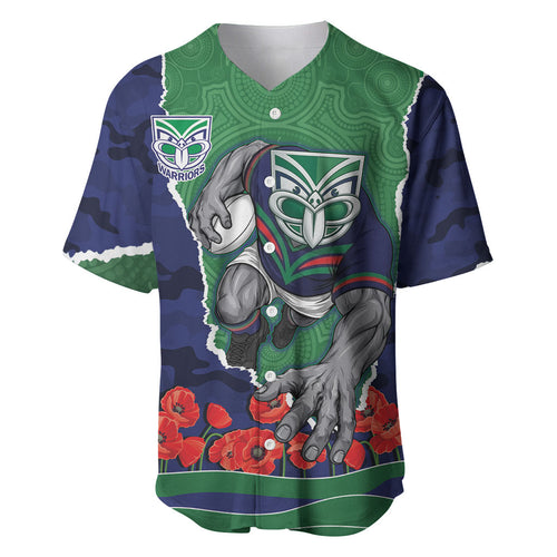 Personalized New Zealand Warriors ANZAC Tribute Baseball Jersey Poppy Field Soldier Silhouette Aboriginal Rugby Mascot