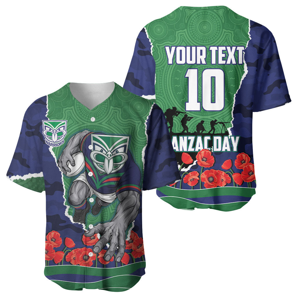 Personalized New Zealand Warriors ANZAC Tribute Baseball Jersey Poppy Field Soldier Silhouette Aboriginal Rugby Mascot