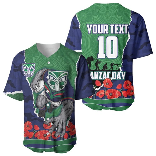 Personalized New Zealand Warriors ANZAC Tribute Baseball Jersey Poppy Field Soldier Silhouette Aboriginal Rugby Mascot