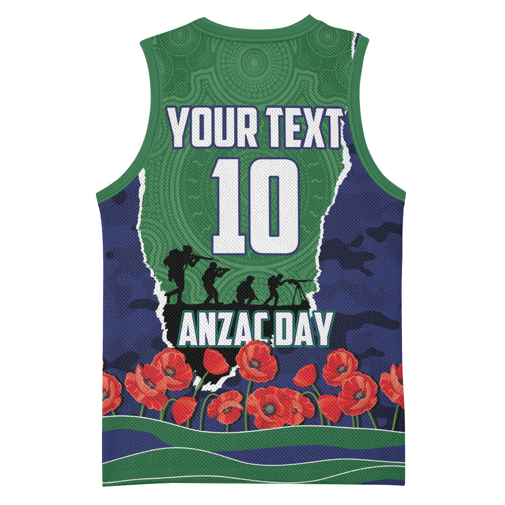 Personalized New Zealand Warriors ANZAC Tribute Basketball Jersey Poppy Field Soldier Silhouette Aboriginal Rugby Mascot
