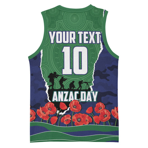 Personalized New Zealand Warriors ANZAC Tribute Basketball Jersey Poppy Field Soldier Silhouette Aboriginal Rugby Mascot