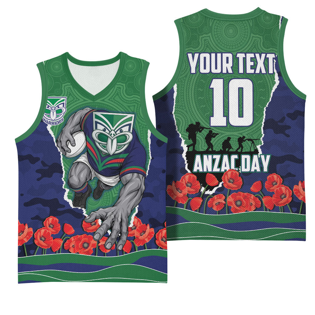 Personalized New Zealand Warriors ANZAC Tribute Basketball Jersey Poppy Field Soldier Silhouette Aboriginal Rugby Mascot