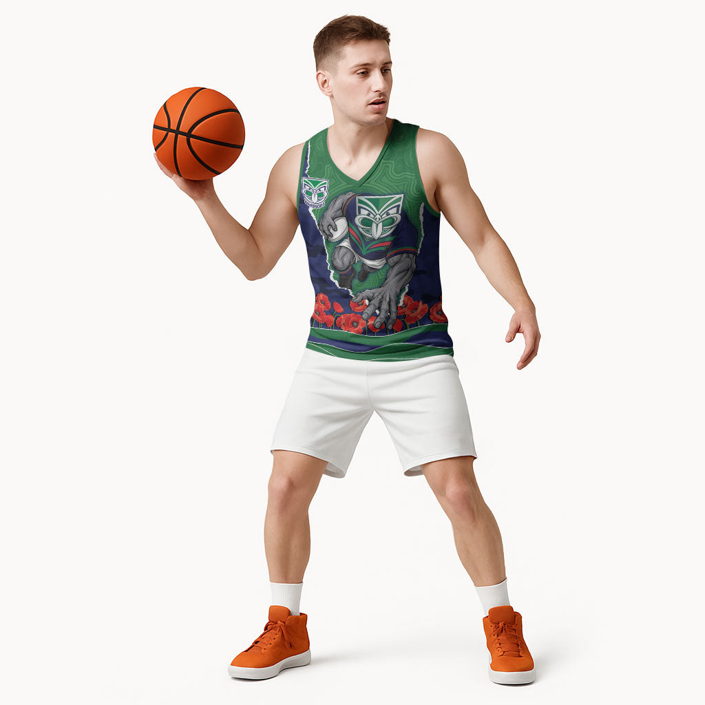 Personalized New Zealand Warriors ANZAC Tribute Basketball Jersey Poppy Field Soldier Silhouette Aboriginal Rugby Mascot