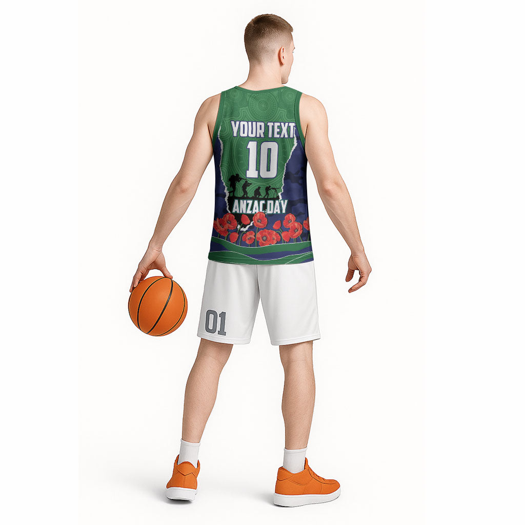 Personalized New Zealand Warriors ANZAC Tribute Basketball Jersey Poppy Field Soldier Silhouette Aboriginal Rugby Mascot