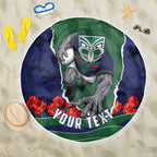 Personalized New Zealand Warriors ANZAC Tribute Beach Blanket Poppy Field Soldier Silhouette Aboriginal Rugby Mascot