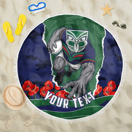 Personalized New Zealand Warriors ANZAC Tribute Beach Blanket Poppy Field Soldier Silhouette Aboriginal Rugby Mascot