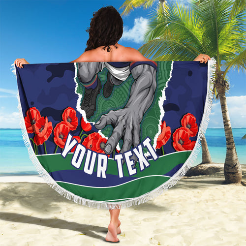 Personalized New Zealand Warriors ANZAC Tribute Beach Blanket Poppy Field Soldier Silhouette Aboriginal Rugby Mascot