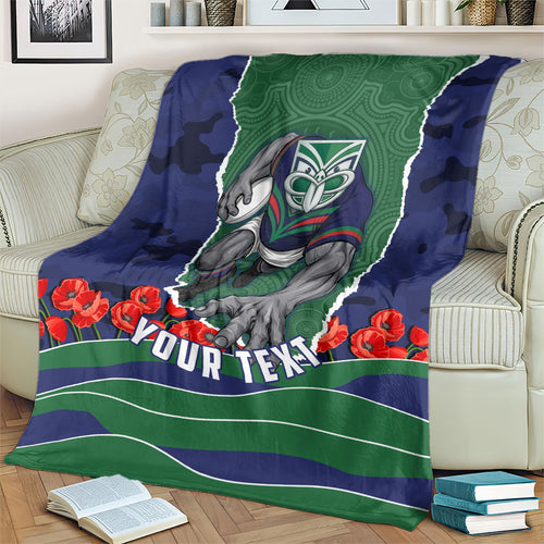Personalized New Zealand Warriors ANZAC Tribute Blanket Poppy Field Soldier Silhouette Aboriginal Rugby Mascot