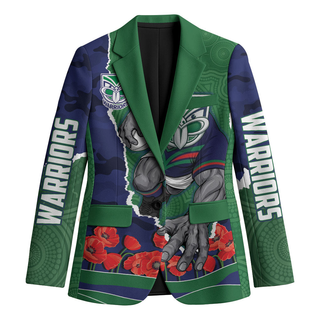 Personalized New Zealand Warriors ANZAC Tribute Blazer Poppy Field Soldier Silhouette Aboriginal Rugby Mascot