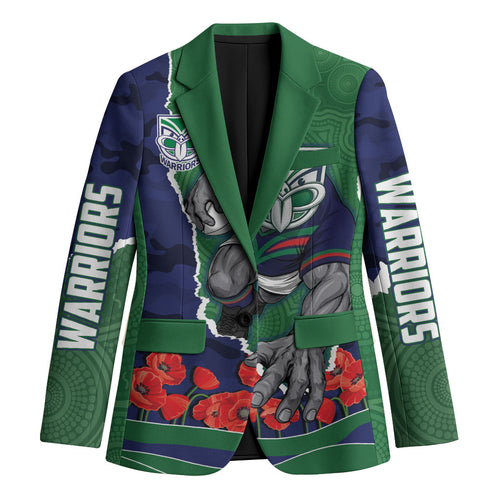 Personalized New Zealand Warriors ANZAC Tribute Blazer Poppy Field Soldier Silhouette Aboriginal Rugby Mascot