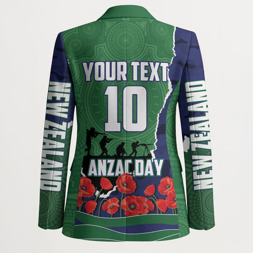 Personalized New Zealand Warriors ANZAC Tribute Blazer Poppy Field Soldier Silhouette Aboriginal Rugby Mascot