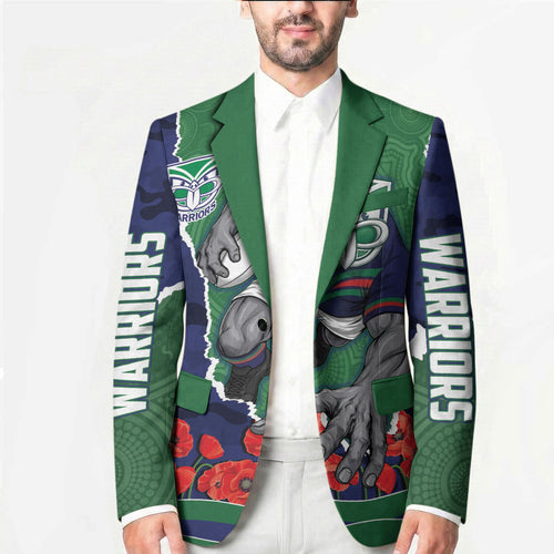 Personalized New Zealand Warriors ANZAC Tribute Blazer Poppy Field Soldier Silhouette Aboriginal Rugby Mascot