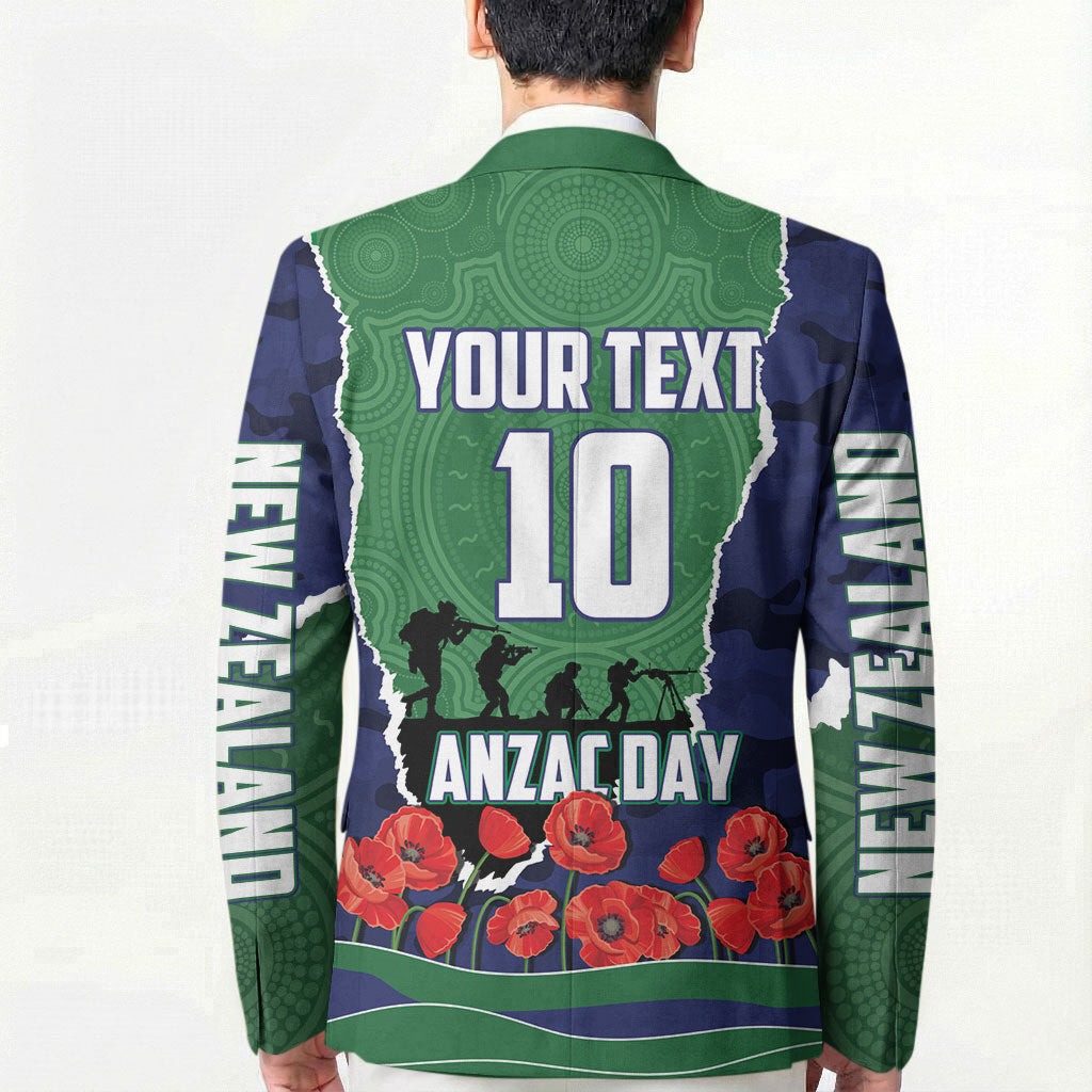 Personalized New Zealand Warriors ANZAC Tribute Blazer Poppy Field Soldier Silhouette Aboriginal Rugby Mascot