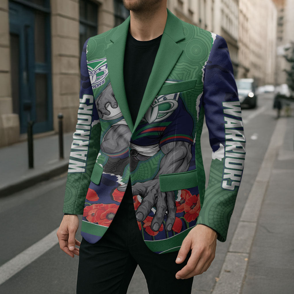 Personalized New Zealand Warriors ANZAC Tribute Blazer Poppy Field Soldier Silhouette Aboriginal Rugby Mascot