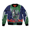 Personalized New Zealand Warriors ANZAC Tribute Bomber Jacket Poppy Field Soldier Silhouette Aboriginal Rugby Mascot