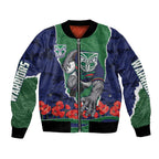Personalized New Zealand Warriors ANZAC Tribute Bomber Jacket Poppy Field Soldier Silhouette Aboriginal Rugby Mascot