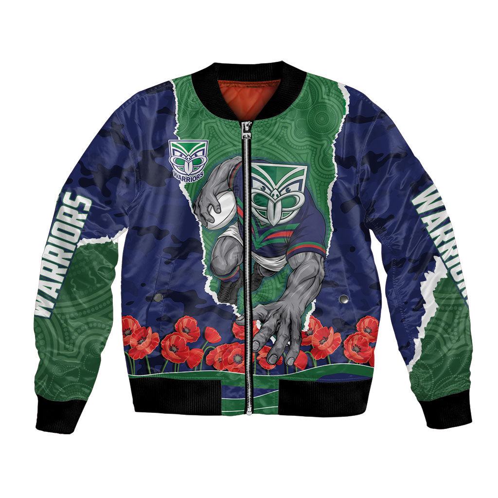 Personalized New Zealand Warriors ANZAC Tribute Bomber Jacket Poppy Field Soldier Silhouette Aboriginal Rugby Mascot