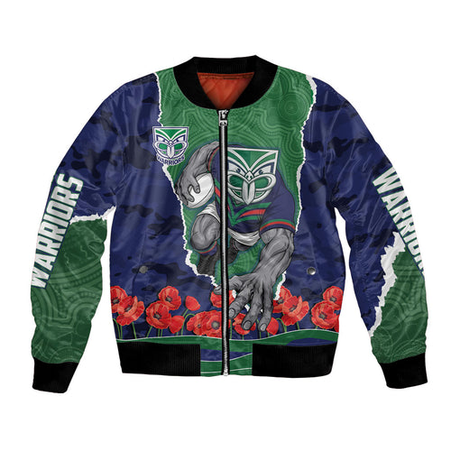 Personalized New Zealand Warriors ANZAC Tribute Bomber Jacket Poppy Field Soldier Silhouette Aboriginal Rugby Mascot