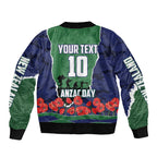 Personalized New Zealand Warriors ANZAC Tribute Bomber Jacket Poppy Field Soldier Silhouette Aboriginal Rugby Mascot