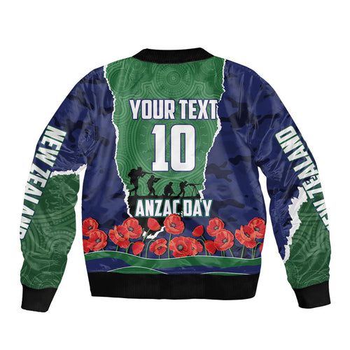 Personalized New Zealand Warriors ANZAC Tribute Bomber Jacket Poppy Field Soldier Silhouette Aboriginal Rugby Mascot