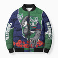 Personalized New Zealand Warriors ANZAC Tribute Bomber Puffer Jacket Poppy Field Soldier Silhouette Aboriginal Rugby Mascot