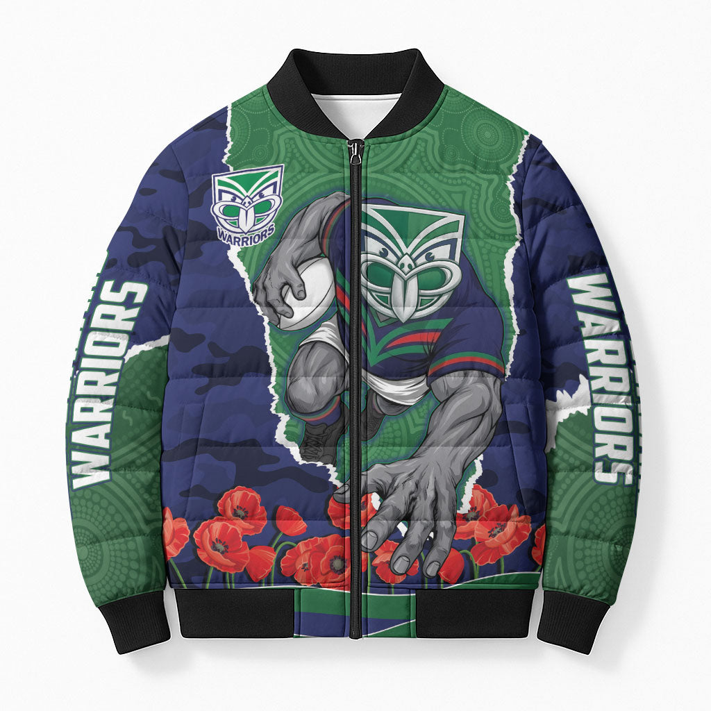 Personalized New Zealand Warriors ANZAC Tribute Bomber Puffer Jacket Poppy Field Soldier Silhouette Aboriginal Rugby Mascot