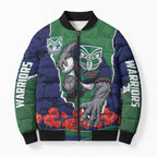 Personalized New Zealand Warriors ANZAC Tribute Bomber Puffer Jacket Poppy Field Soldier Silhouette Aboriginal Rugby Mascot
