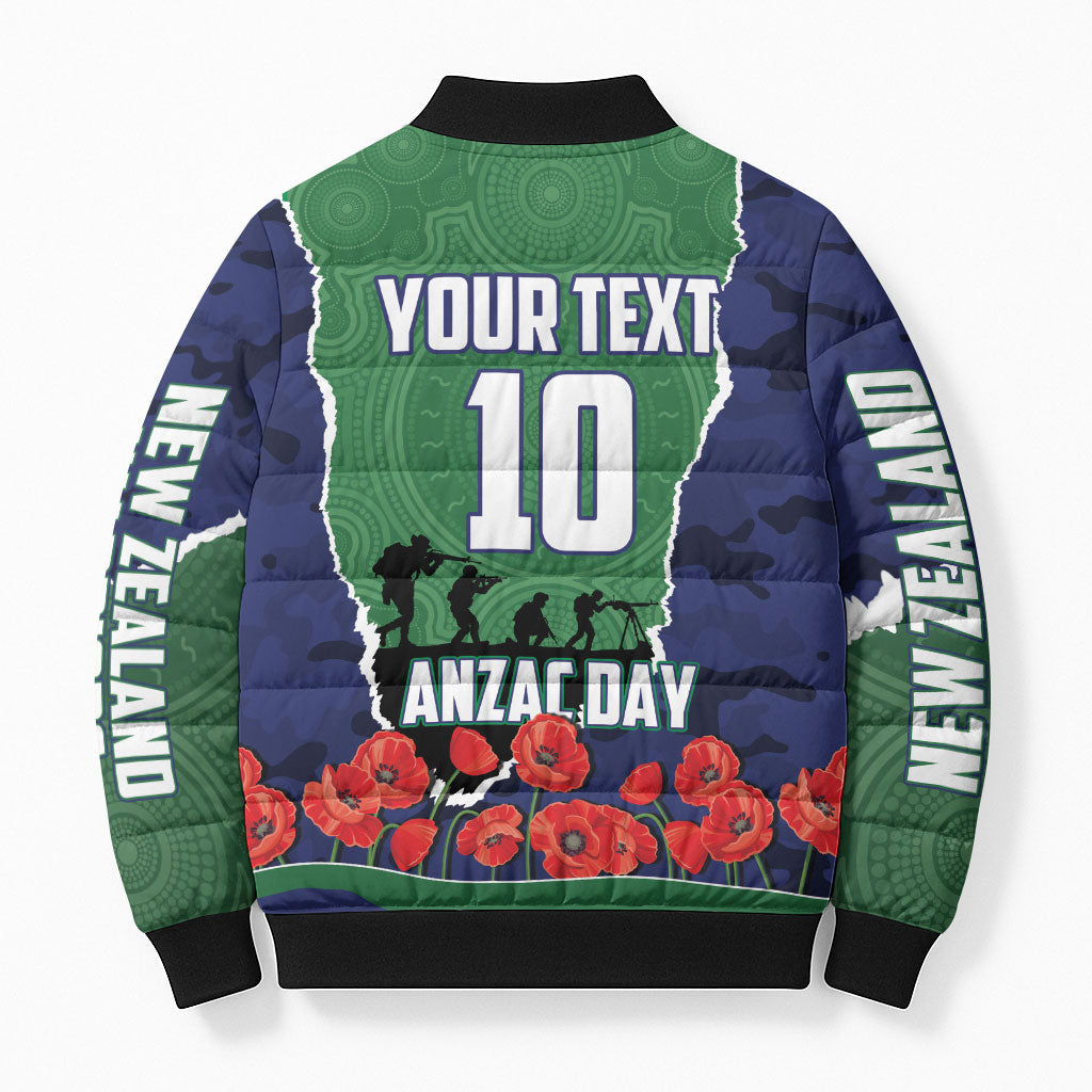 Personalized New Zealand Warriors ANZAC Tribute Bomber Puffer Jacket Poppy Field Soldier Silhouette Aboriginal Rugby Mascot