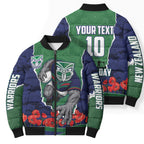Personalized New Zealand Warriors ANZAC Tribute Bomber Puffer Jacket Poppy Field Soldier Silhouette Aboriginal Rugby Mascot