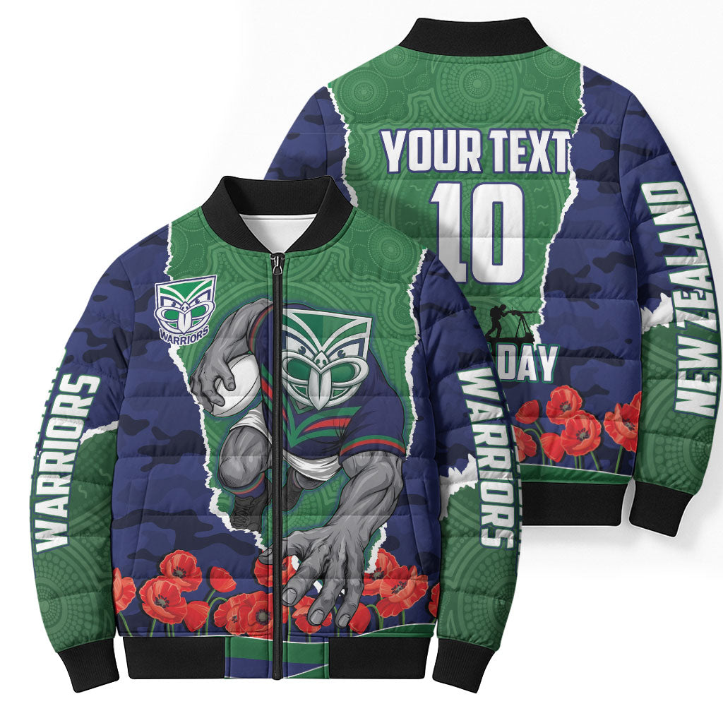 Personalized New Zealand Warriors ANZAC Tribute Bomber Puffer Jacket Poppy Field Soldier Silhouette Aboriginal Rugby Mascot