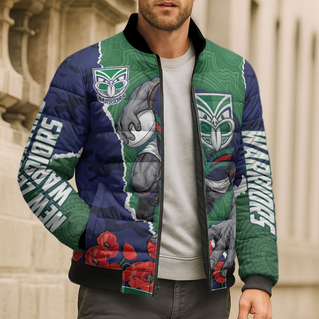 Personalized New Zealand Warriors ANZAC Tribute Bomber Puffer Jacket Poppy Field Soldier Silhouette Aboriginal Rugby Mascot