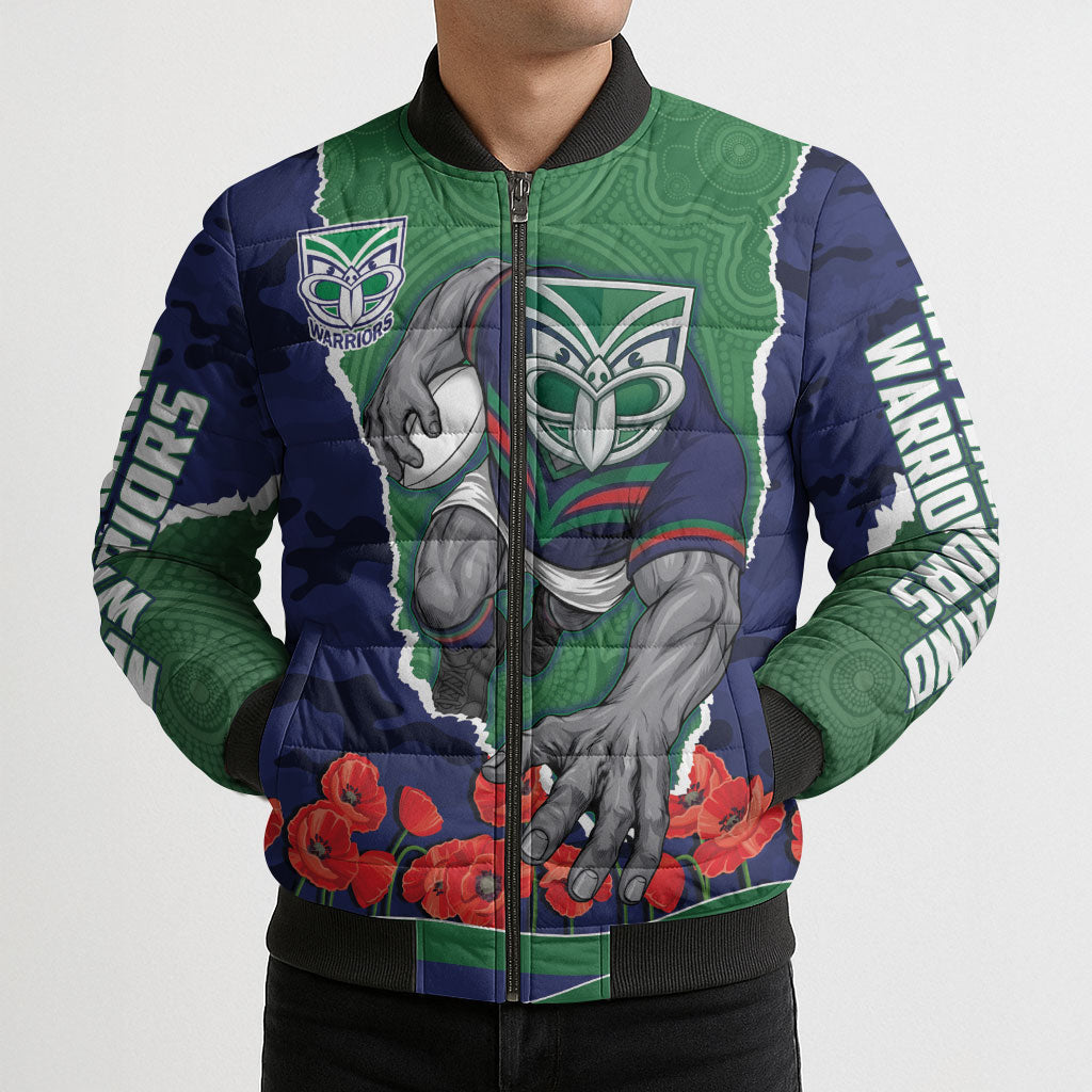 Personalized New Zealand Warriors ANZAC Tribute Bomber Puffer Jacket Poppy Field Soldier Silhouette Aboriginal Rugby Mascot