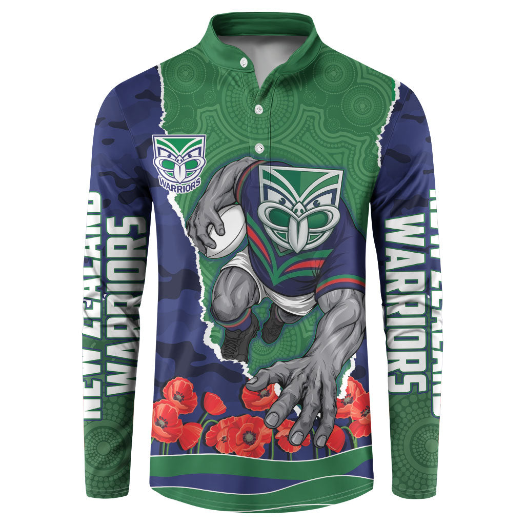 Personalized New Zealand Warriors ANZAC Tribute Button Sweatshirt Poppy Field Soldier Silhouette Aboriginal Rugby Mascot