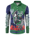 Personalized New Zealand Warriors ANZAC Tribute Button Sweatshirt Poppy Field Soldier Silhouette Aboriginal Rugby Mascot