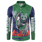 Personalized New Zealand Warriors ANZAC Tribute Button Sweatshirt Poppy Field Soldier Silhouette Aboriginal Rugby Mascot
