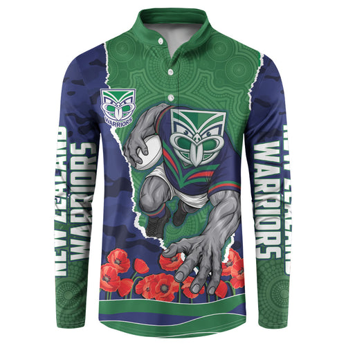 Personalized New Zealand Warriors ANZAC Tribute Button Sweatshirt Poppy Field Soldier Silhouette Aboriginal Rugby Mascot