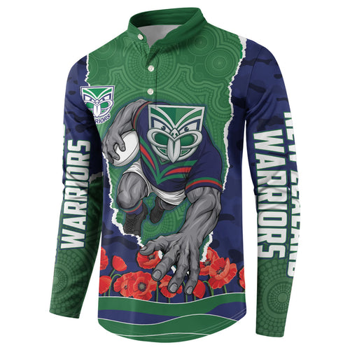Personalized New Zealand Warriors ANZAC Tribute Button Sweatshirt Poppy Field Soldier Silhouette Aboriginal Rugby Mascot