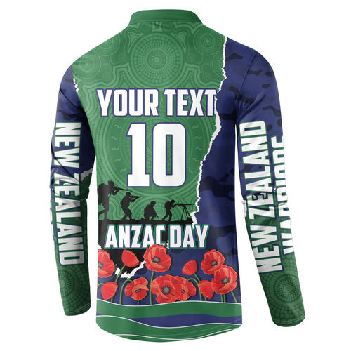 Personalized New Zealand Warriors ANZAC Tribute Button Sweatshirt Poppy Field Soldier Silhouette Aboriginal Rugby Mascot