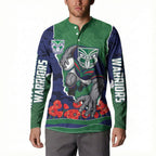 Personalized New Zealand Warriors ANZAC Tribute Button Sweatshirt Poppy Field Soldier Silhouette Aboriginal Rugby Mascot