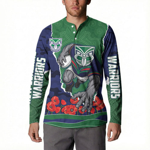 Personalized New Zealand Warriors ANZAC Tribute Button Sweatshirt Poppy Field Soldier Silhouette Aboriginal Rugby Mascot