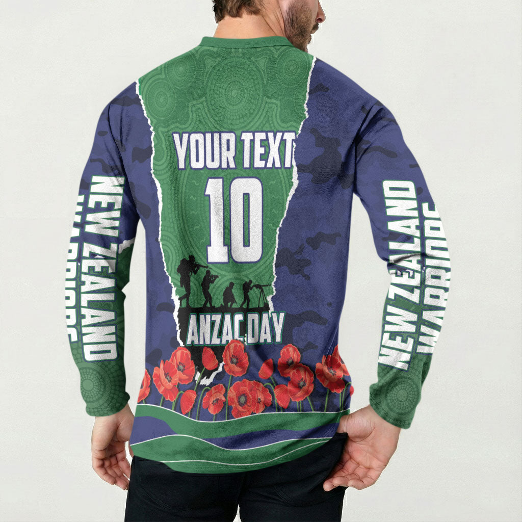 Personalized New Zealand Warriors ANZAC Tribute Button Sweatshirt Poppy Field Soldier Silhouette Aboriginal Rugby Mascot