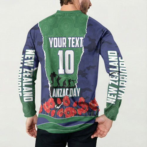 Personalized New Zealand Warriors ANZAC Tribute Button Sweatshirt Poppy Field Soldier Silhouette Aboriginal Rugby Mascot