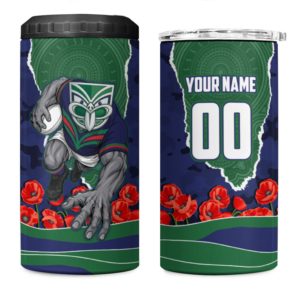 Personalized New Zealand Warriors ANZAC Tribute 4 in 1 Can Cooler Tumbler Poppy Field Soldier Silhouette Aboriginal Rugby Mascot