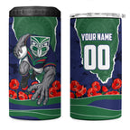 Personalized New Zealand Warriors ANZAC Tribute 4 in 1 Can Cooler Tumbler Poppy Field Soldier Silhouette Aboriginal Rugby Mascot